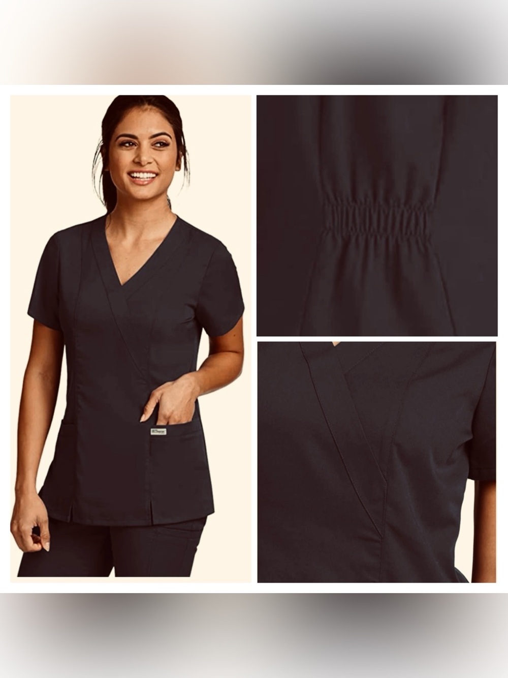 Grey's Anatomy Black V-Neck Scrub Top with Front Pockets size Small